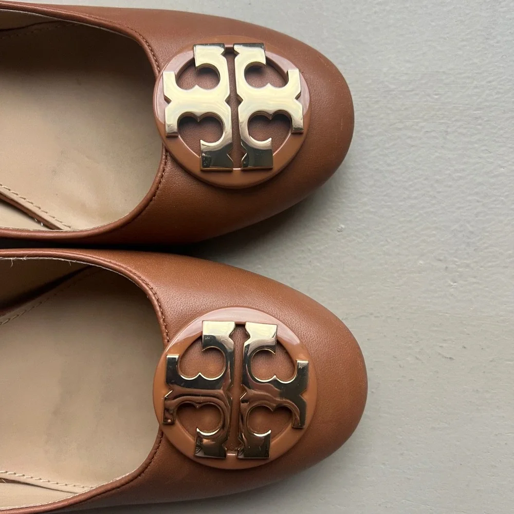Tory Burch Janey Women 10.5 Tan Brown Leather Block Wood‎ Grain Heel Logo Pump